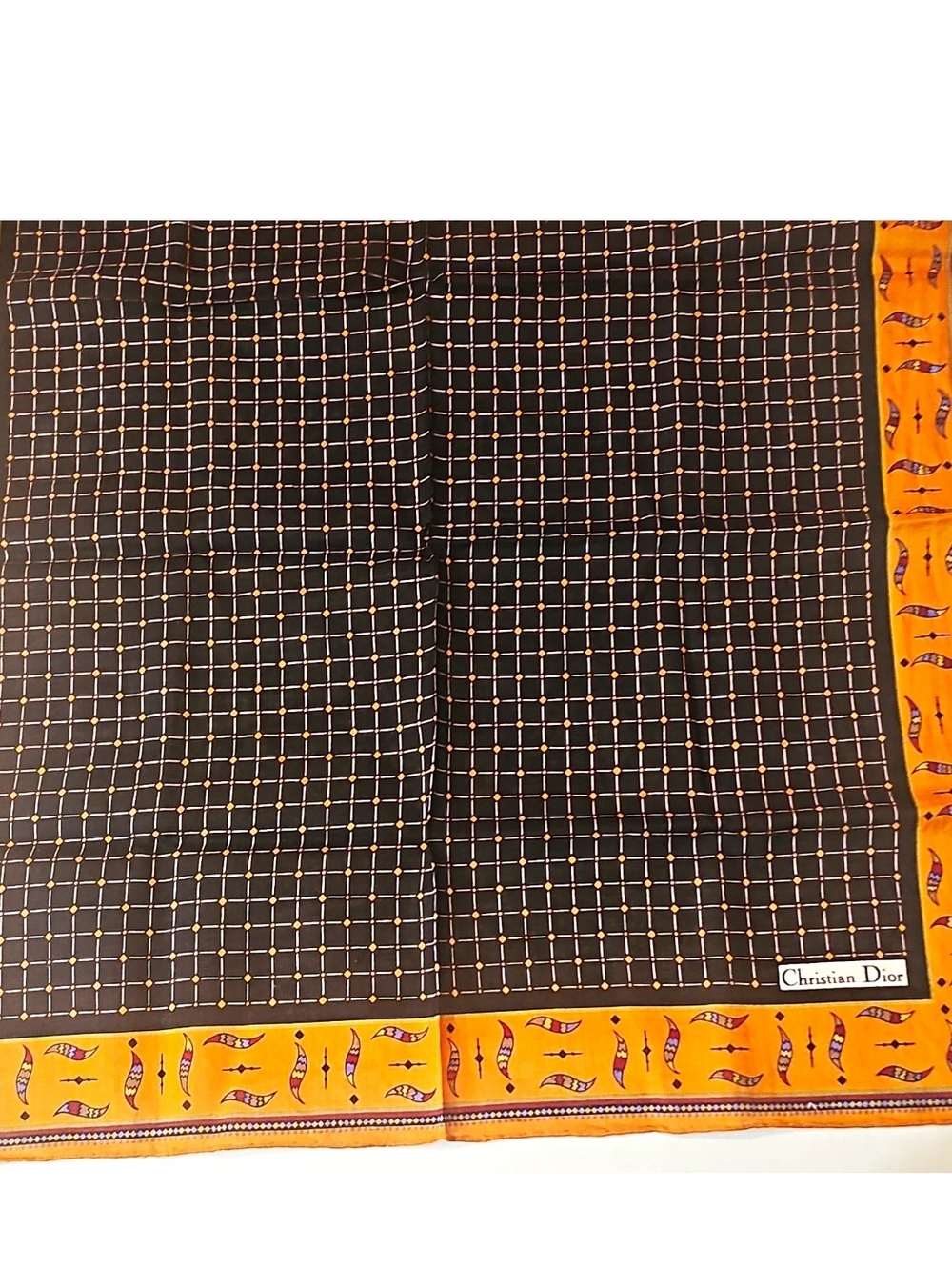 Authentic Vintage Christian Dior Cotton Handkerchief Scarf Black Orange 18x18